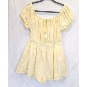 American Eagle Romper Size L Butter Yellow White Striped Off Shoulder Tassels